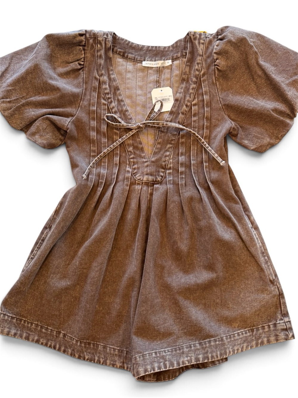Brown Altered State Dress/Romper with Puff Sleeves and Pockets
